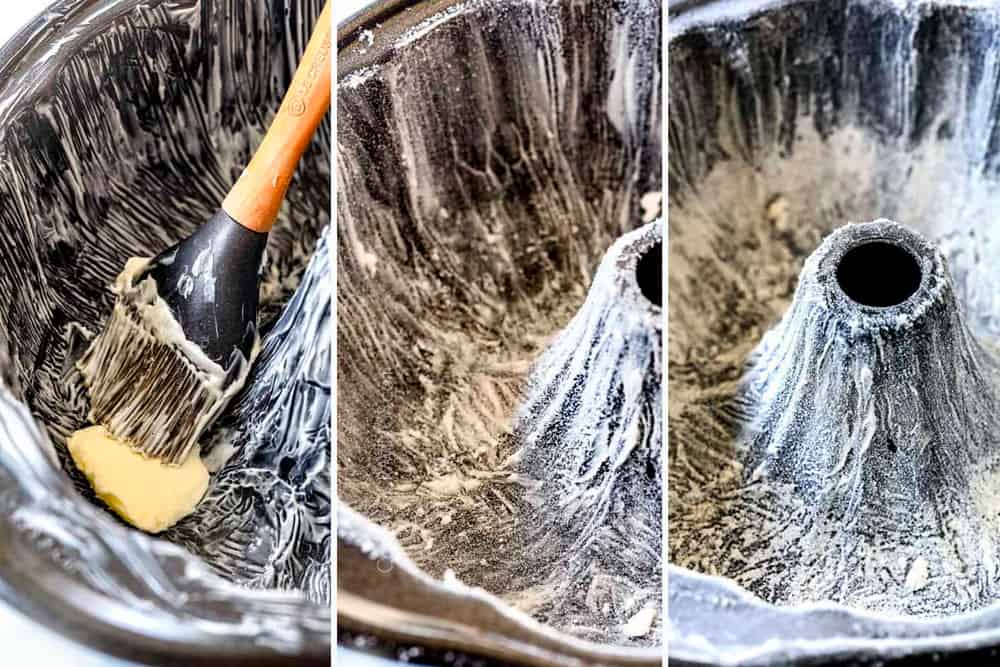showing how to make lemon poppy seed cake recipe by greasing a cake Bundt pan with butter and flour