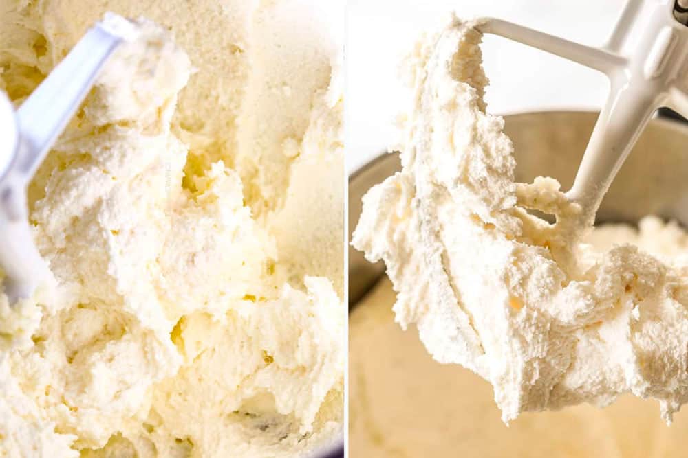 a collage showing how to make lemon pound cake recipe by creaming butter and sugar with a mixer until light and fluffy