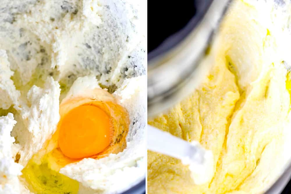 showing how to make lemon pound cake recipe by beating eggs into the batter