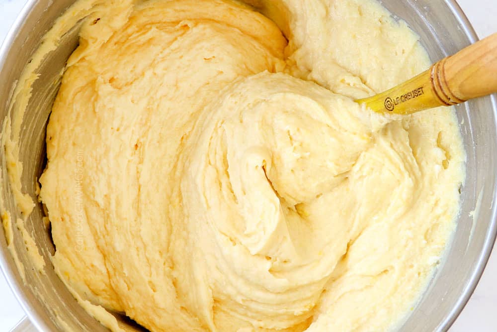 showing how to make lemon pound cake recipe by lending batter until smooth