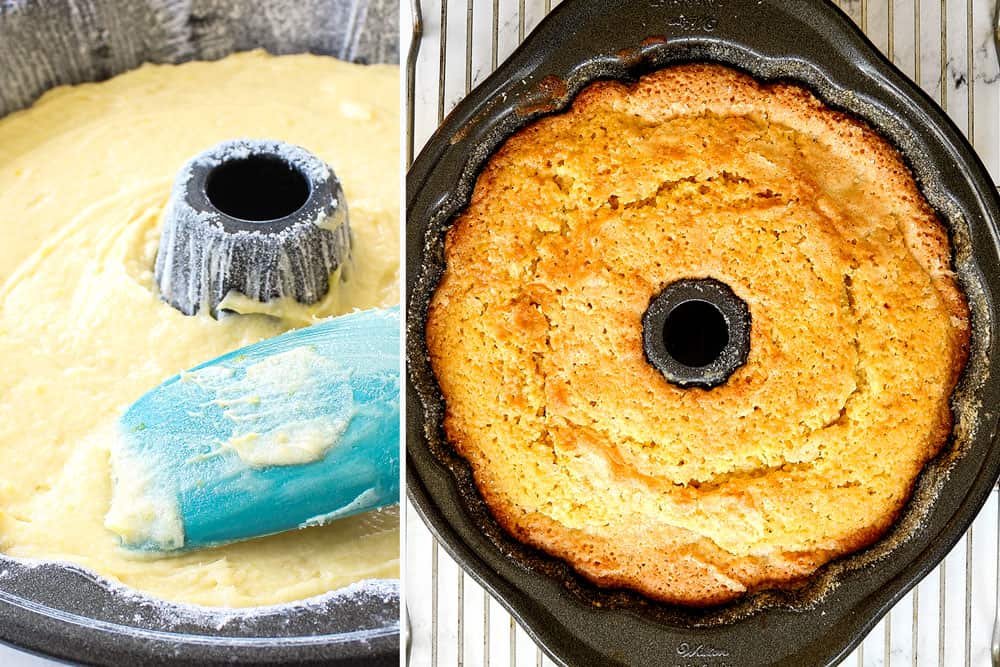 a collage showing how to make lemon pound cake recipe by adding batter to a bundt pan and baking until golden