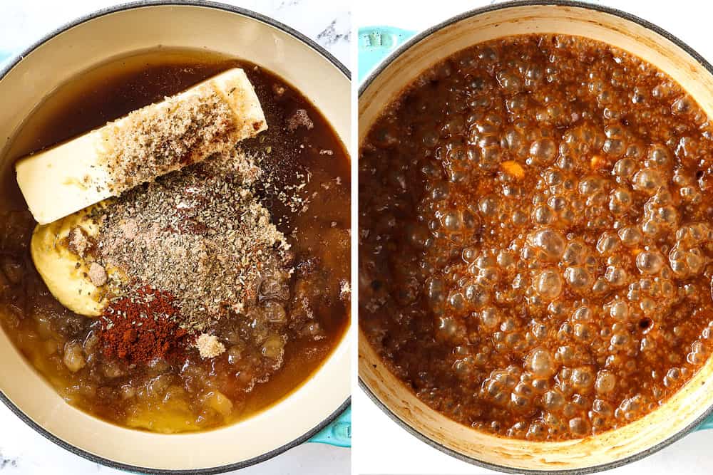 showing how to make pineapple ham glaze by adding brown sugar, pineapple juice, butter and spices to a saucepan