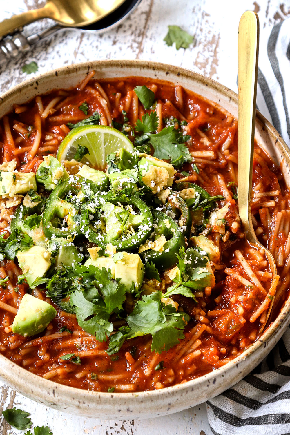 up close of fideo recipe in a bowl with fideo pasta