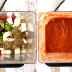 a collage showing how to make fideo by adding tomatoes, onions, garlic to a blender then blending until smooth