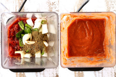 a collage showing how to make fideo by adding tomatoes, onions, garlic to a blender then blending until smooth