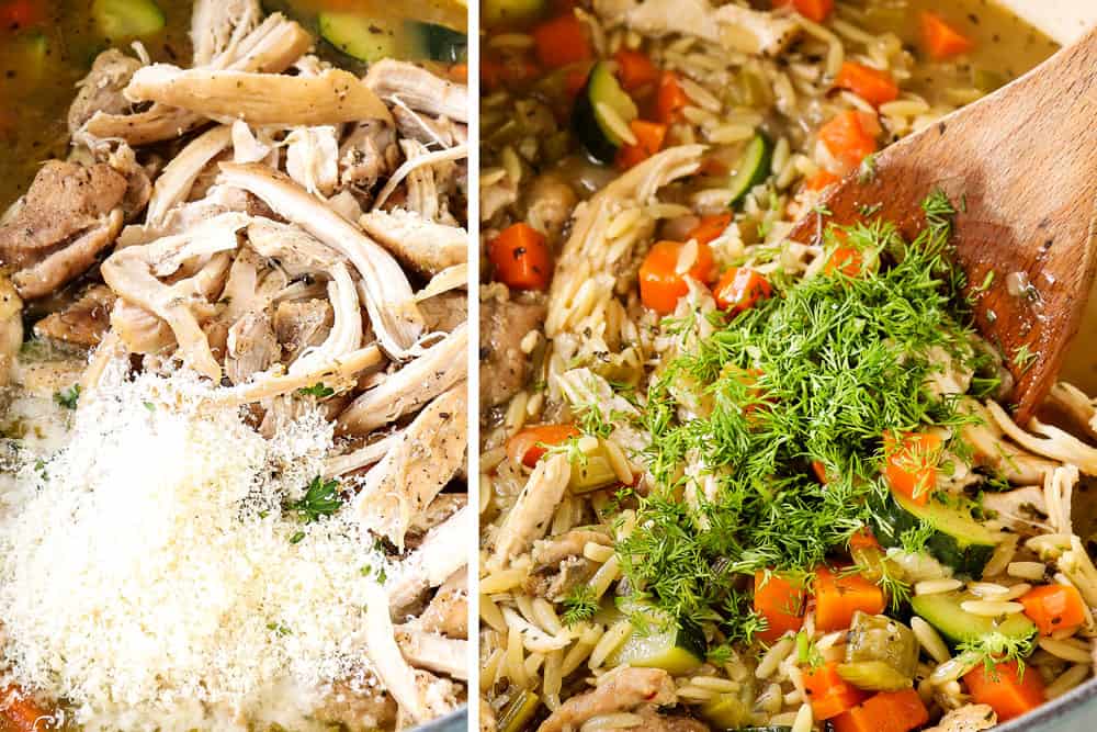 showing how to make lemon chicken orzo soup by adding shredded chicken and dill to the soup