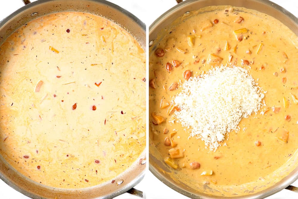 a collage showing how to make Cajun chicken recipe by simmering sauce until thickened and then adding Parmesan