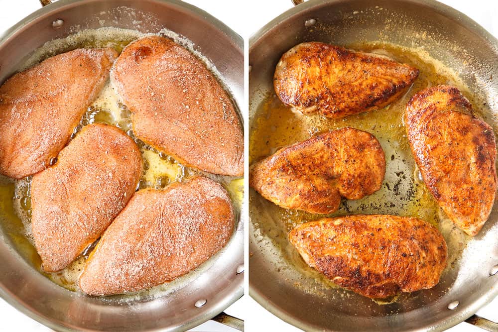 a collage showing how to make Cajun chicken recipe by pan frying in a skillet until golden