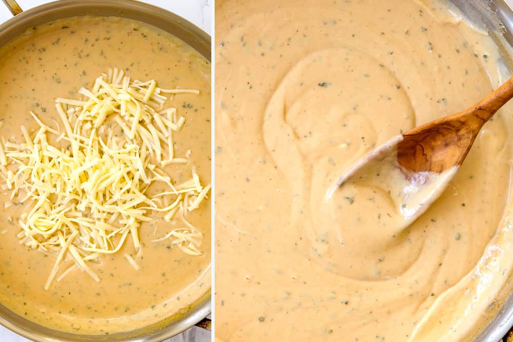 a collage showing how to make chicken cordon bleu casserole recipe by adding cheeses then sour cream to sauce and whisking until creamy