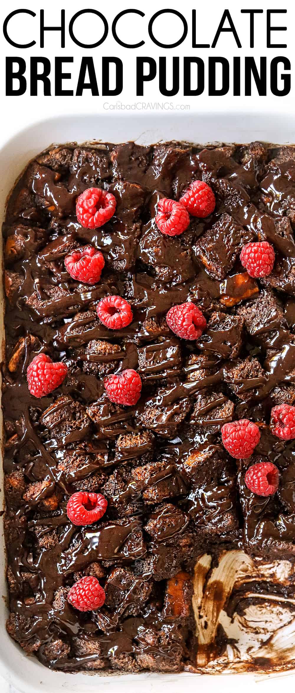 top view of chocolate bread pudding topped with chocolate sauce