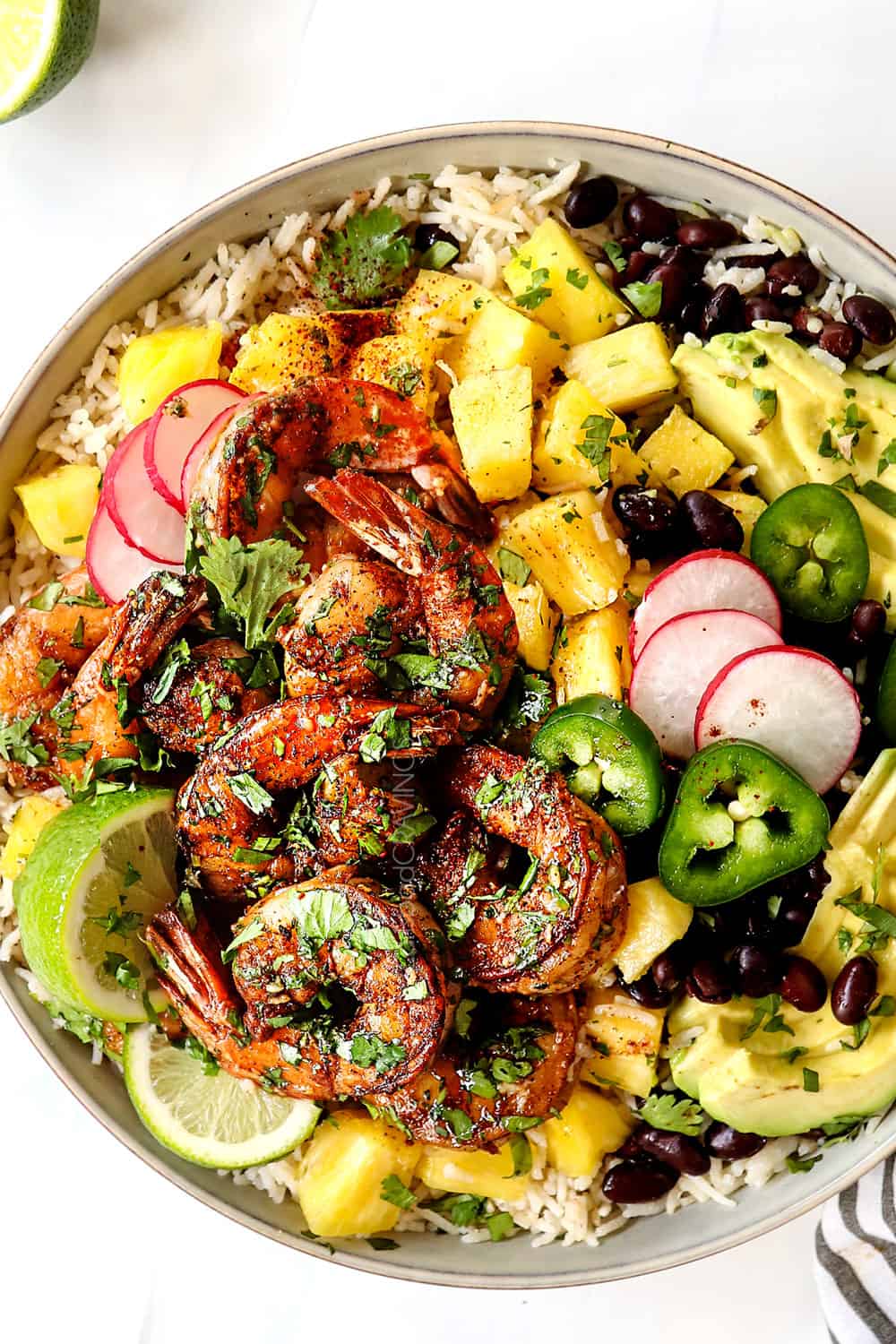 top view of easy cilantro lime shrimp recipe showing how to serve easy shrimp in a taco bowl