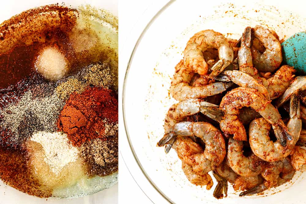 a collage showing how to make cilantro lime shrimp by whisking spice together in a bowl then adding shrimp and stirring to evenly coat in marinade