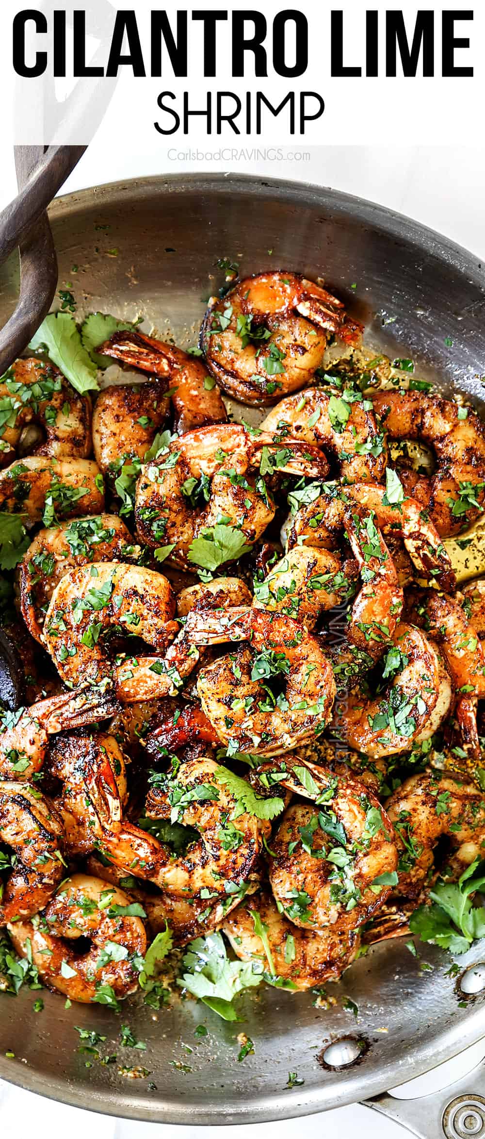 top view of cilantro lime shrimp in a skillet