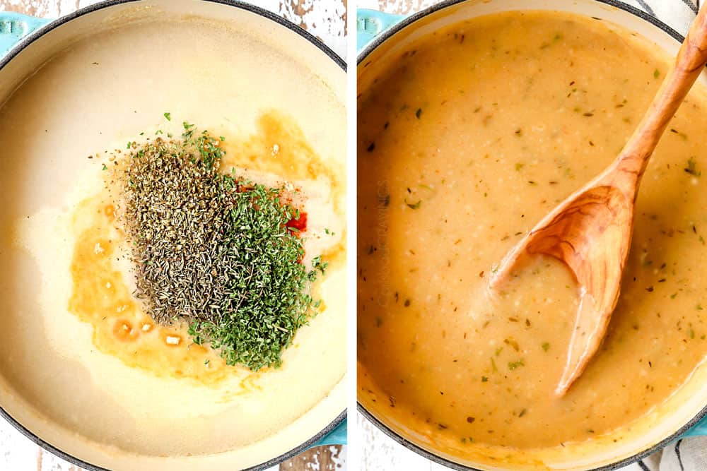 a collage showing how to make crockpot chicken and gravy by making gravy in a saucepan then simmering until thick