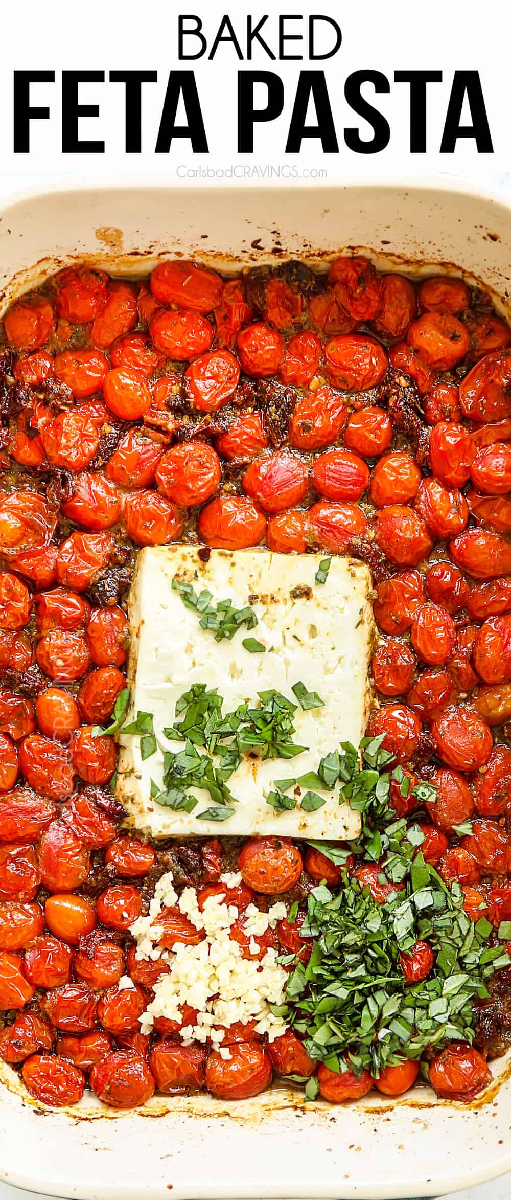 top view of TikTok Baked Feta Pasta with roasted tomatoes and feta in a baking dish