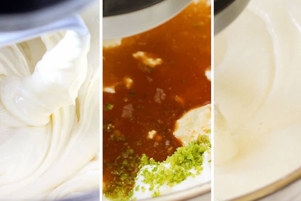 a collage showing how to make key lime cheesecake by beating cream cheese and sugar until fluffy, then adding key lime juice, vanilla, sour cream and key lime juice and mixing until smooth