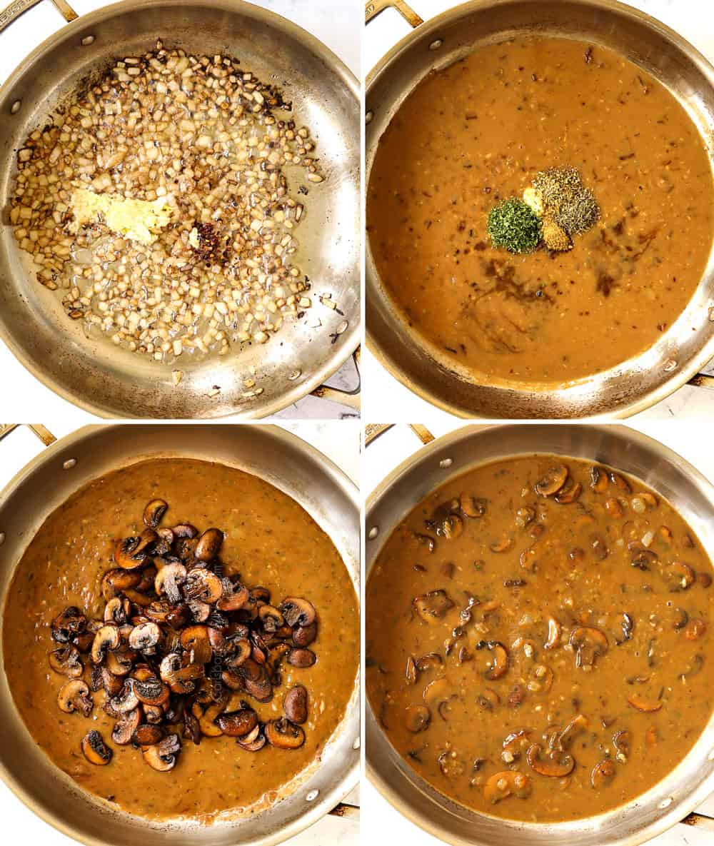 a collage showing how to cook pork medallions by sautรฉing shallots and garlic, adding thyme, parsley and oregano, then stirring in cooked mushrooms