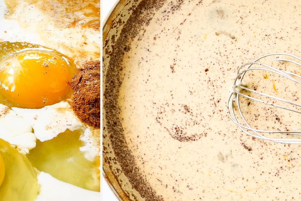 showing how to make stuffed French toast recipe by whisking eggs, heavy cream, cinnamon and vanilla together in a bowl