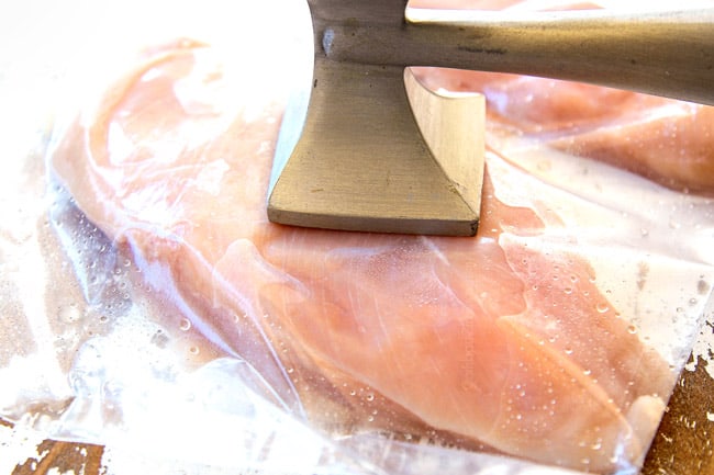 showing how to make Brown Sugar Chicken By pounding chicken to an even thickness