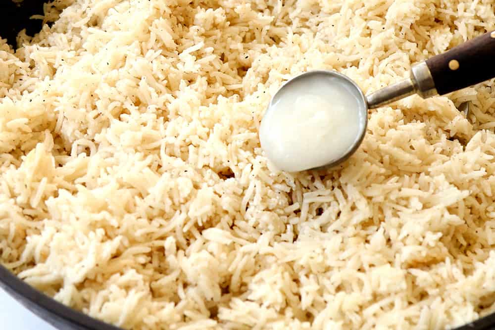showing how to make coconut rice recipe by adding cream of coconut
