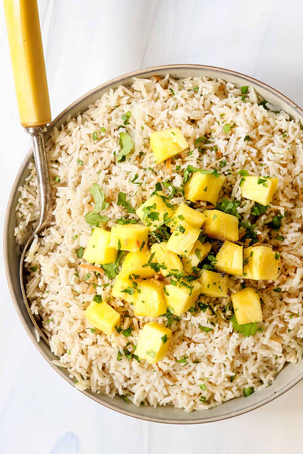 top view of coconut rice recipe garnished with toasted coconut