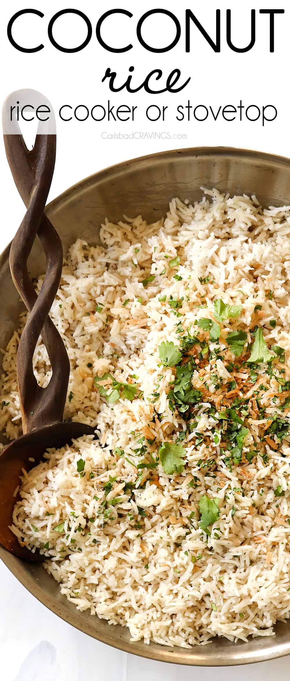 top view of coconut rice in a stainless steel skillet