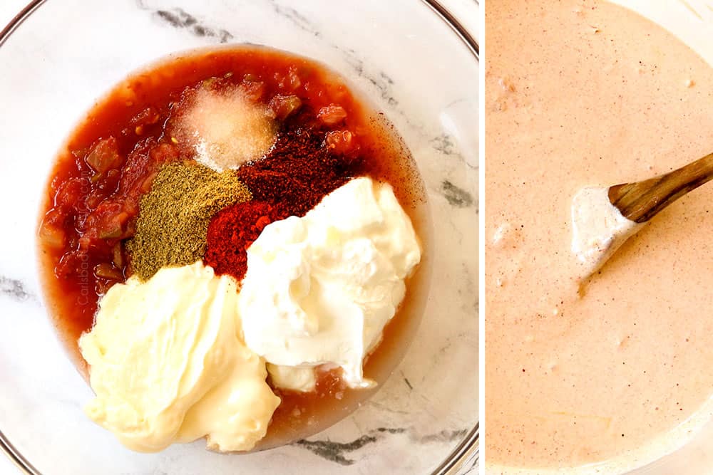 a collage showing how to make Pasta Salad dressing by adding sour cream, mayonnaise, salsa, lime juice, garlic and spices to a glass bowl then whisking to combine