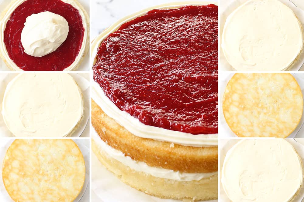 a collage showing how to make white chocolate cake by layering with raspberry filling, white chocolate frosting then cake and repeating
