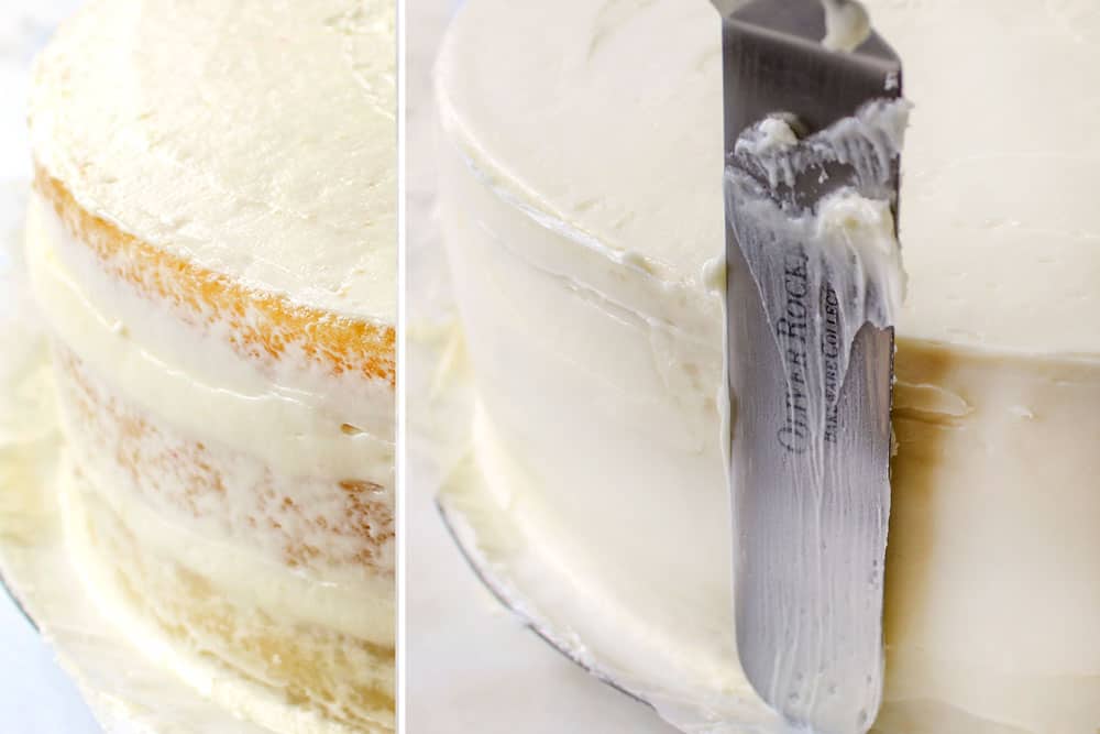 a collage showing how to make white chocolate raspberry cake by making crumb cake layer and then frosting the cake