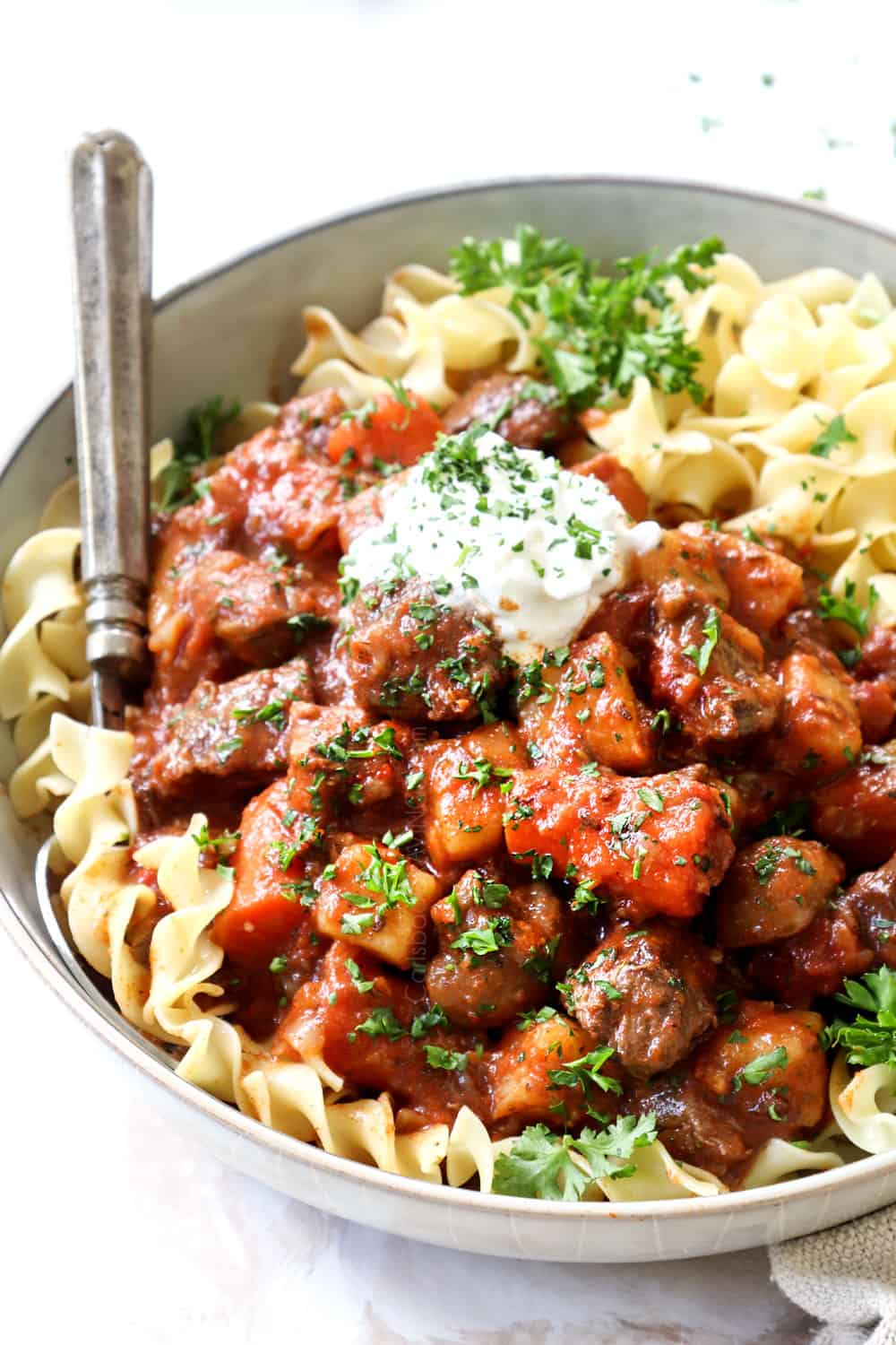 a bowl of Hungarian Goulash recipe with egg noodles