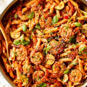 top view of shrimp pasta recipe garnished with parsley