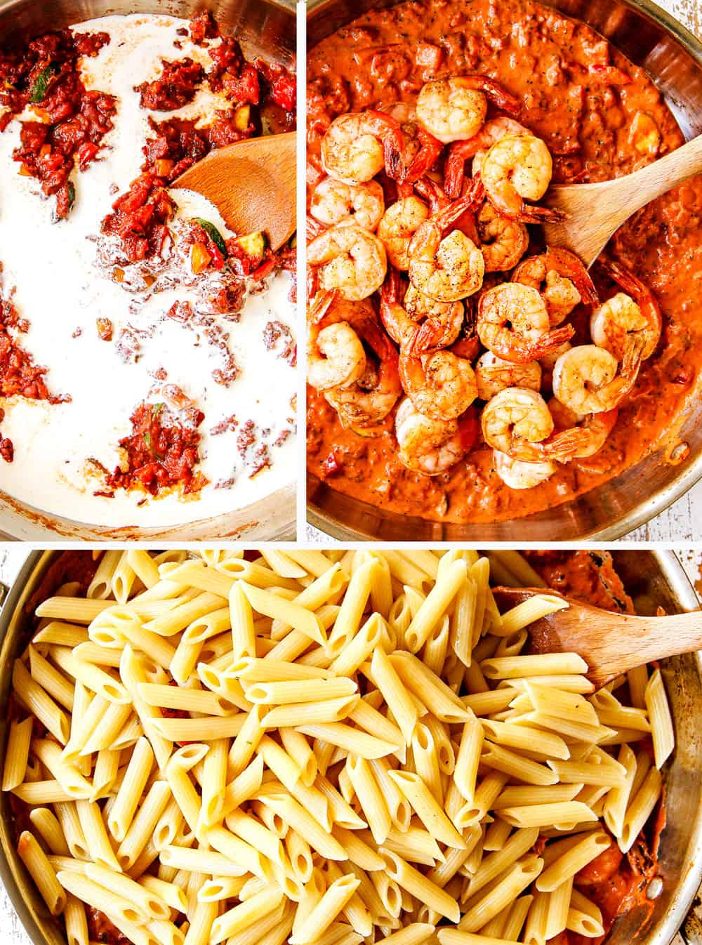 a collage showing how to make shrimp pasta by adding heavy cream, shrimp and pasta to the skillet