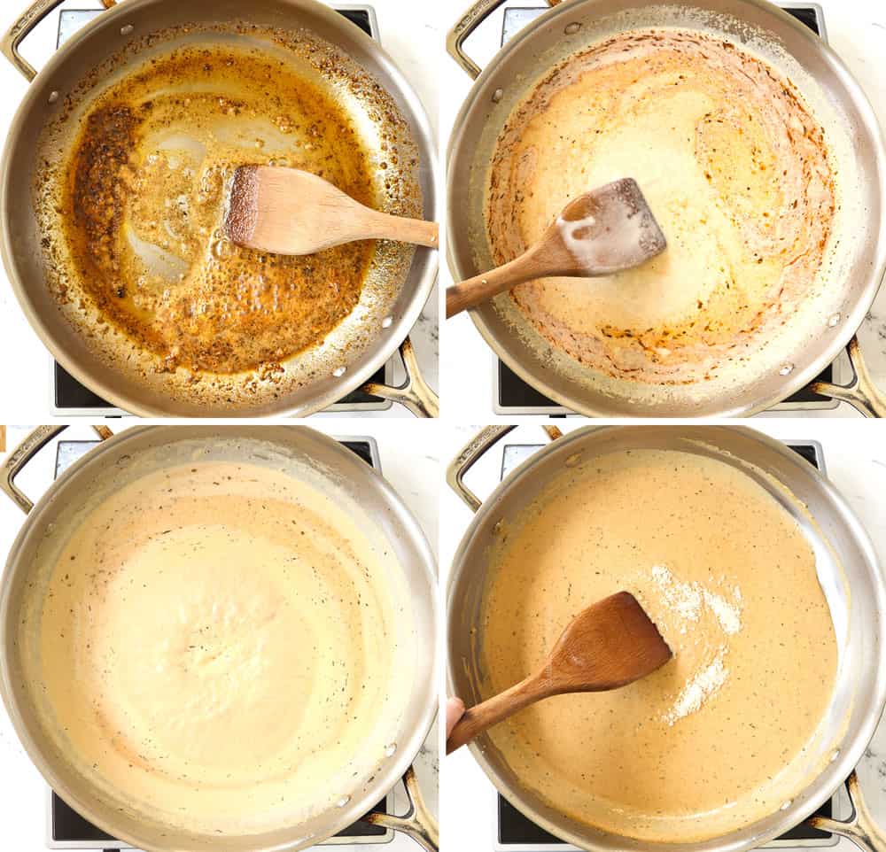 showing how to make chicken alfredo with Cajun blackened chicken by: 1) sautรฉing the garlic in a stainless steel skillet, 2) adding the heavy cream and chicken, 3), simmering the sauce to thicken, 4) adding the Parmesan