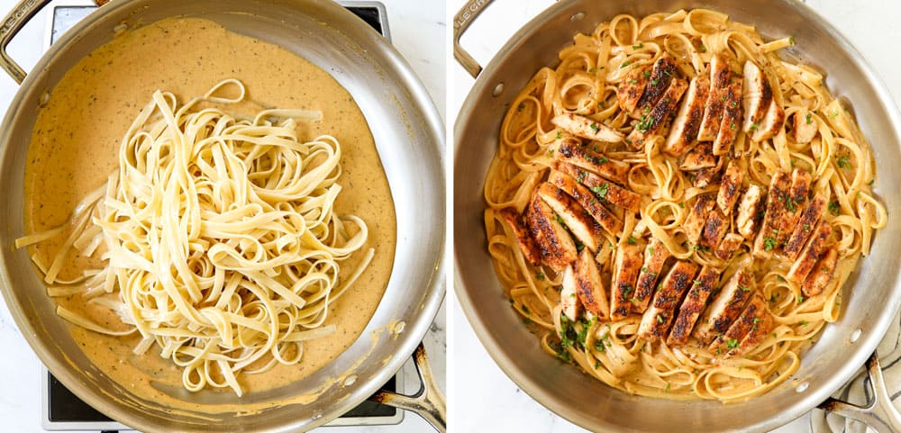 a collage showing how to make chicken Alfredo by adding fettuccine and tossing with the Alfredo sauce and topping with sliced blackened chicken