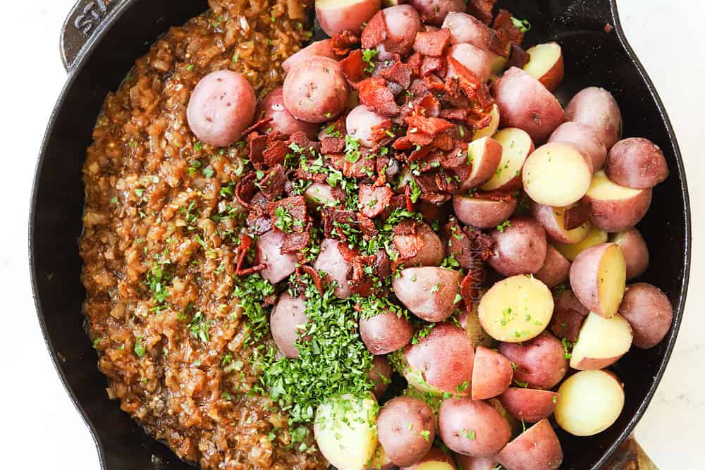showing how to make hot German potato salad by adding potatoes, bacon, and parsley to the bacon vinaigrette