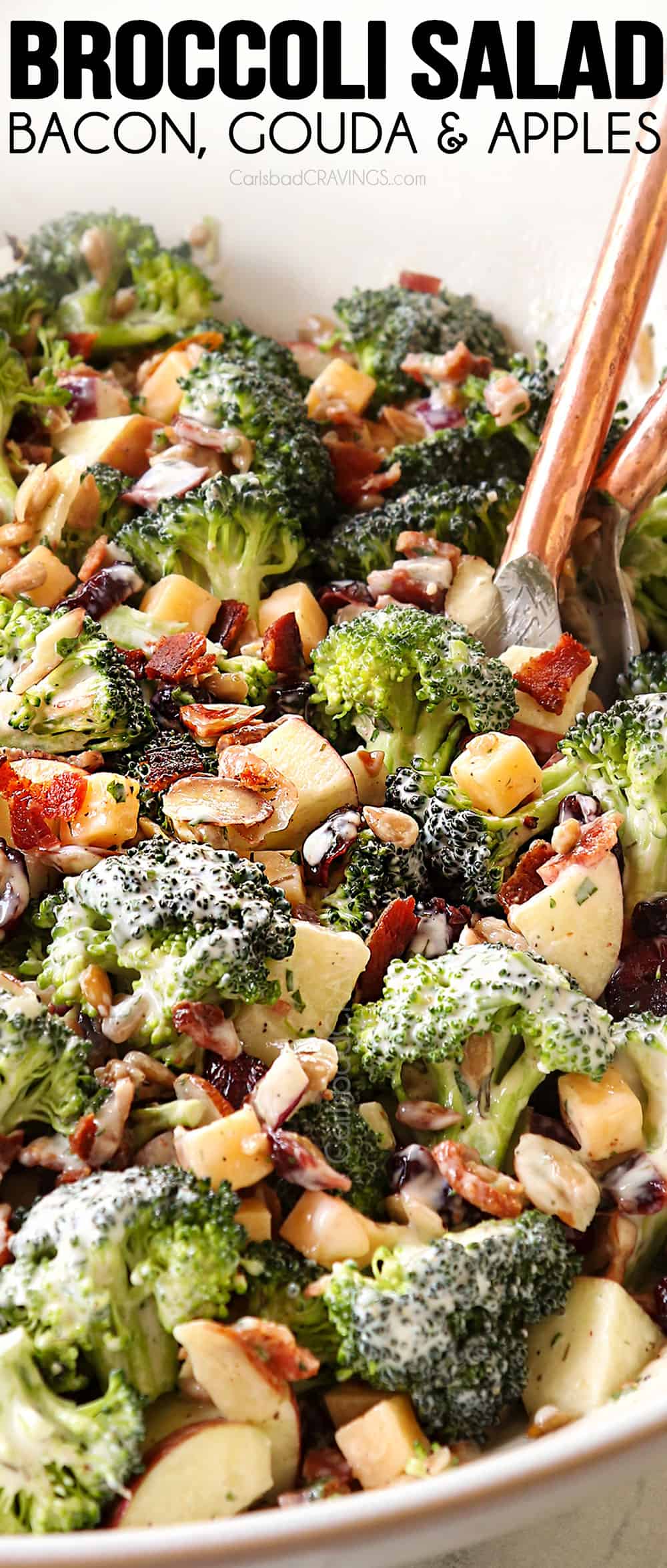 up close of scooping up broccoli baconn salad