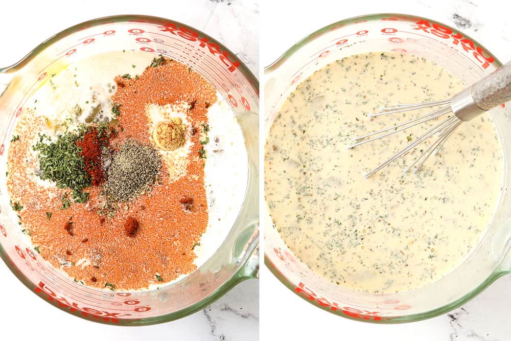 a collage showing how to make tater tot breakfast casserole by whisking half and half, eggs, and seasonings together in a liquid measuring cup