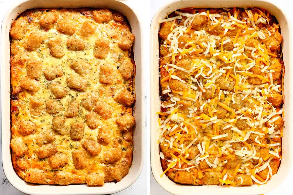 a collage showing how to make tater tot breakfast casserole by baking until tater tots are golden then adding cheese and baking until melted
