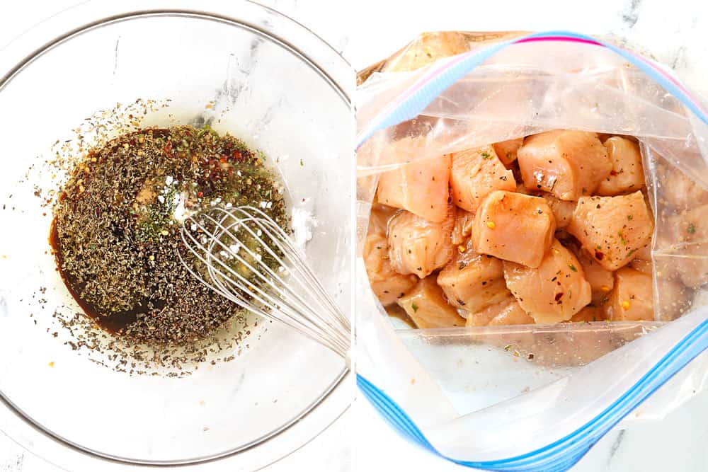 a collage showing how to make bruschetta chicken pasta by whisking the sauce ingredients together in a bowl then adding the chicken to marinate