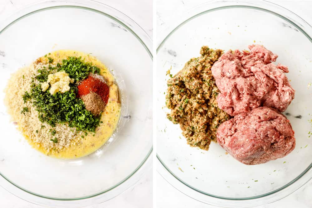a collage showing how to make Greek Meatball recipe (Keftedes) by adding ground lamb, ground beef, eggs, breadcrumbs, lemon juice, garlic, onion, basil, dill, oregano, mint to a glass bowl