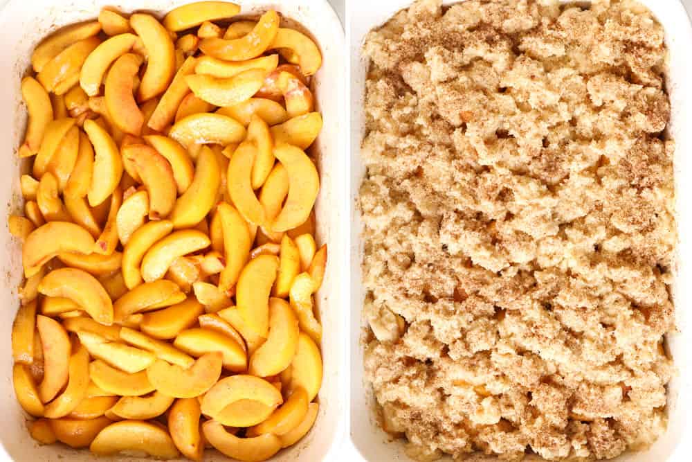 a collage showing how to make peach cobbler by baking peaches then adding the biscuit topping