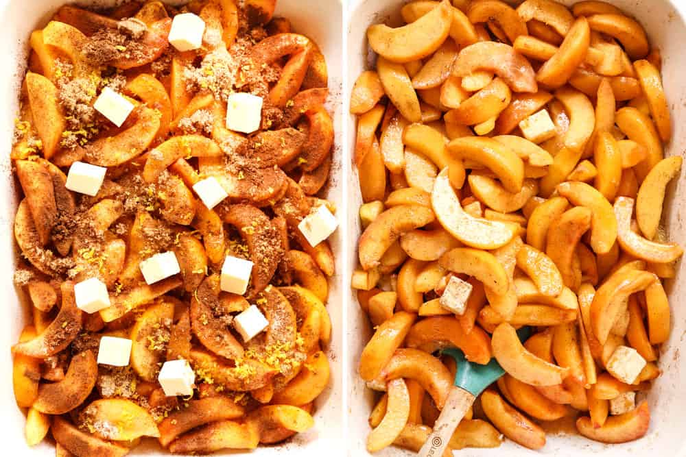 a collage showing how to make peach cobbler by adding peaches, lemon juice, vanilla, butter, cornstarch cinnamon and nutmeg to peaches