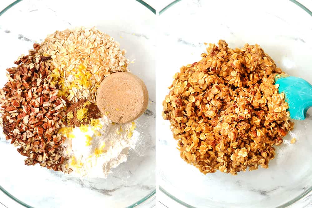 a collage showing how to make apple crisp topping by adding flour, oats, sugar, pecans, and butter to a bowl then mixing all the ingredients together