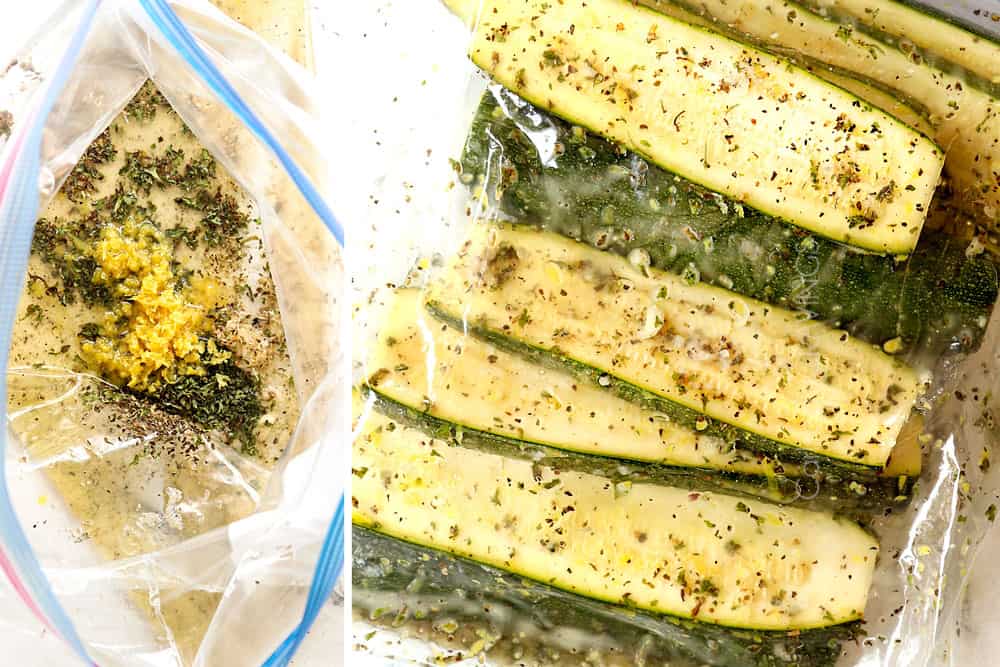 a collage showing how to grill zucchini by adding olive oil, lemon juice, lemon zest, garlic, basil and parsley to a freezer bag then adding zucchini slices to marinate