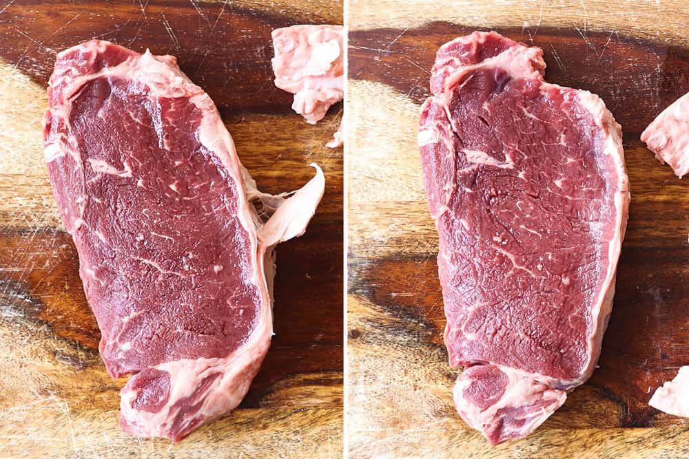 showing how to make New York Strip Steak (Strip Steak, NY Strip Steak) recipe by trimming the fat on the side of the steak