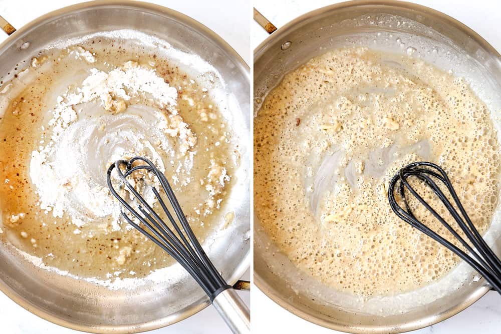 a collage showing how to make bacon pasta by whisking flour with bacon grease then sautรฉing the garlic