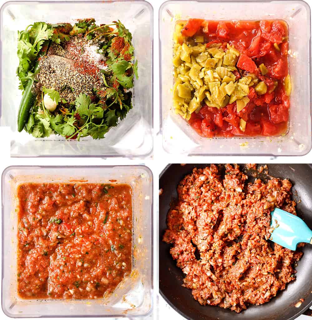 a collage showing how to make huevos rancheros by making huevos rancheros sauce by adding ingredients to a blender, blending, then simmering the salsa in a skillet until reduced and warm