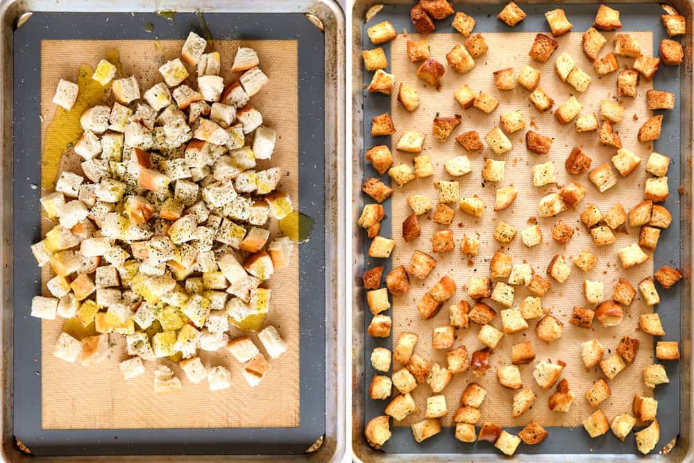 showing how to make Caesar Salad by adding cubed bread to a baking sheet and tossing with olive oil, garlic, basil and oregano