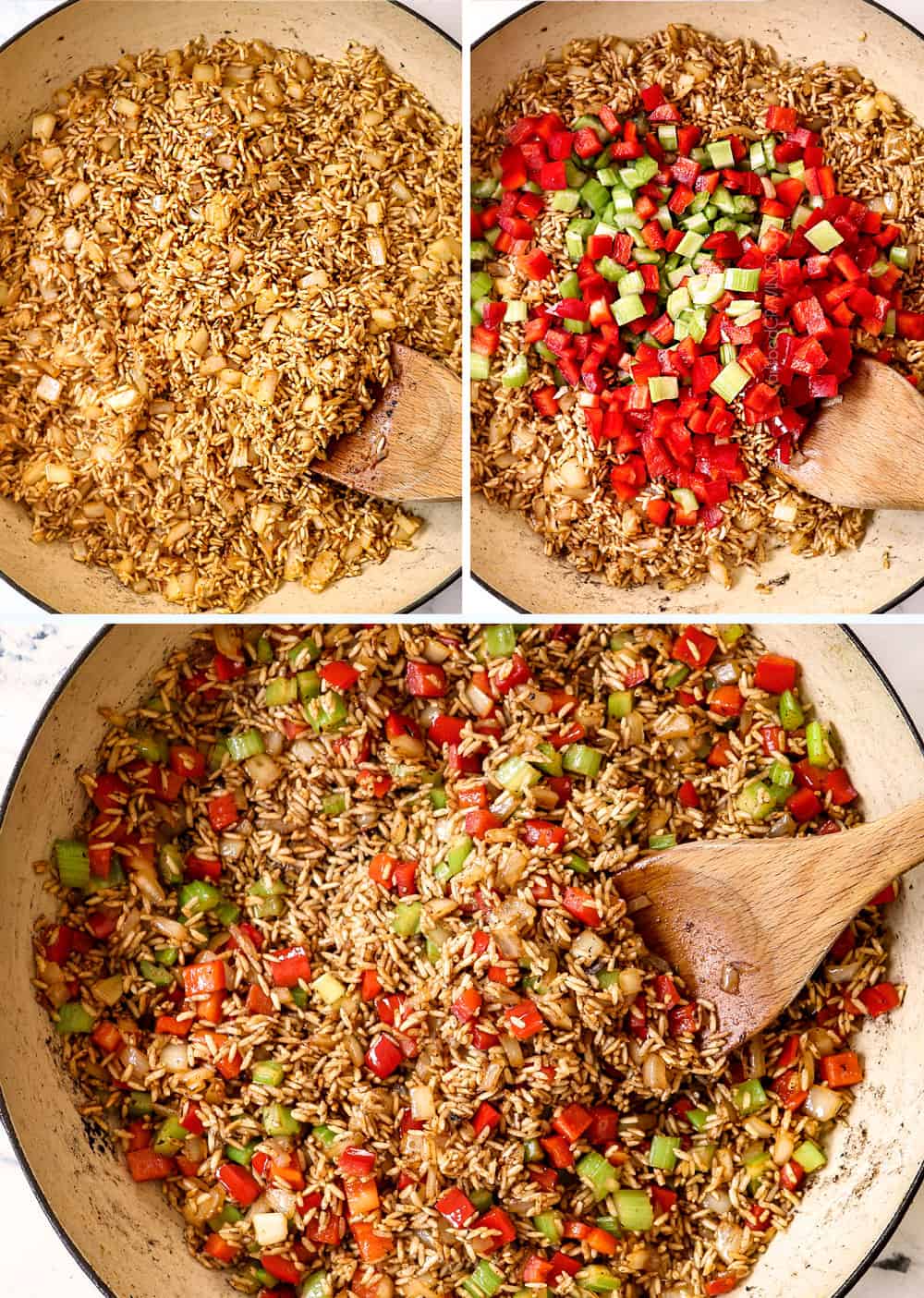 showing how to make Cajun shrimp by sautรฉing onions and rice then adding bell peppers and celery
