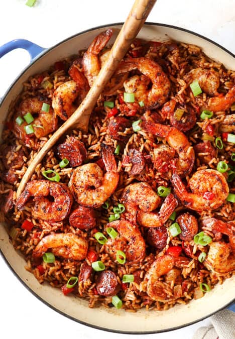 top view of Cajun Shrimp with rice in a skillet